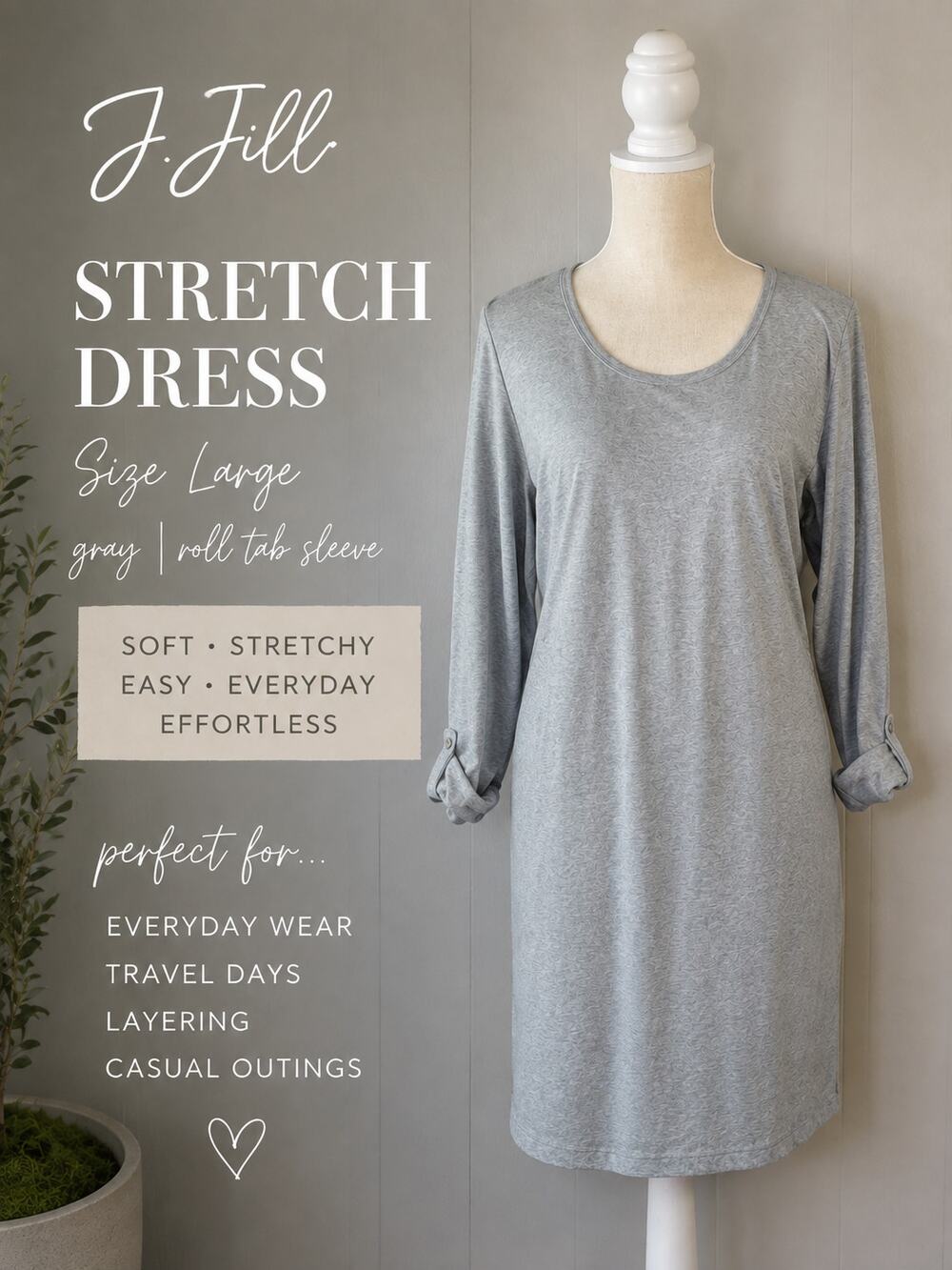J.Jill Stretch Dress Large Gray Roll Tab Sleeve Minimalist Casual Everyday Chic